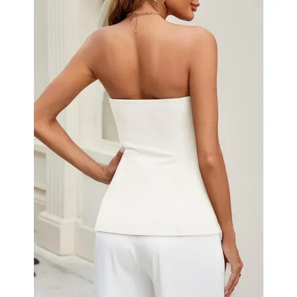 Women's White Summer Going Out Sleeveless Button Down Dressy Tube Vest Tops - Picture 3 of 6